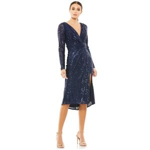IEENA FOR MAC DUGGAL Long Sleeve Sequin Faux Wrap Dress Navy Size 8